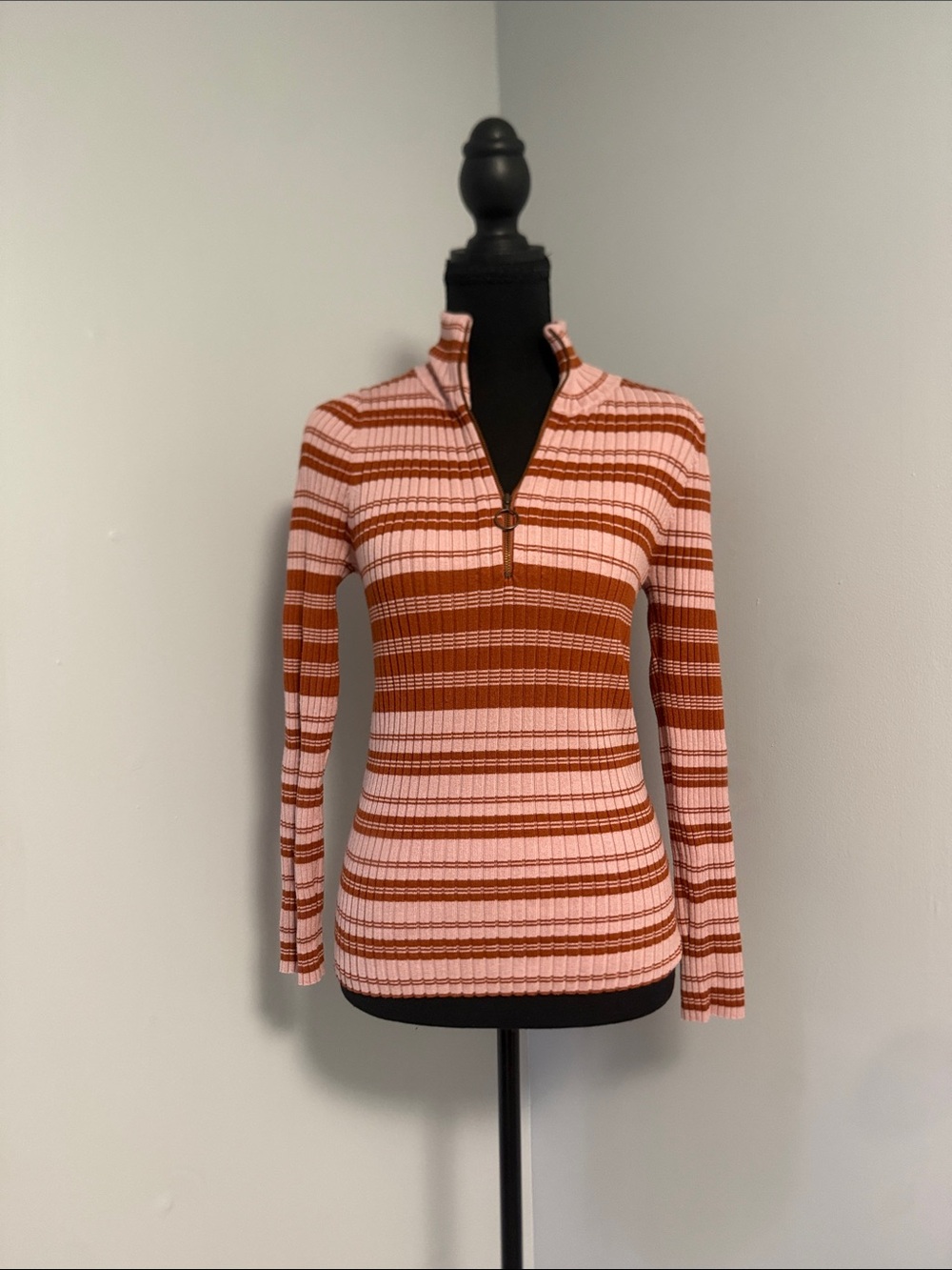Maeve Pink and Rust Striped Half-Zip Ribbed Top
